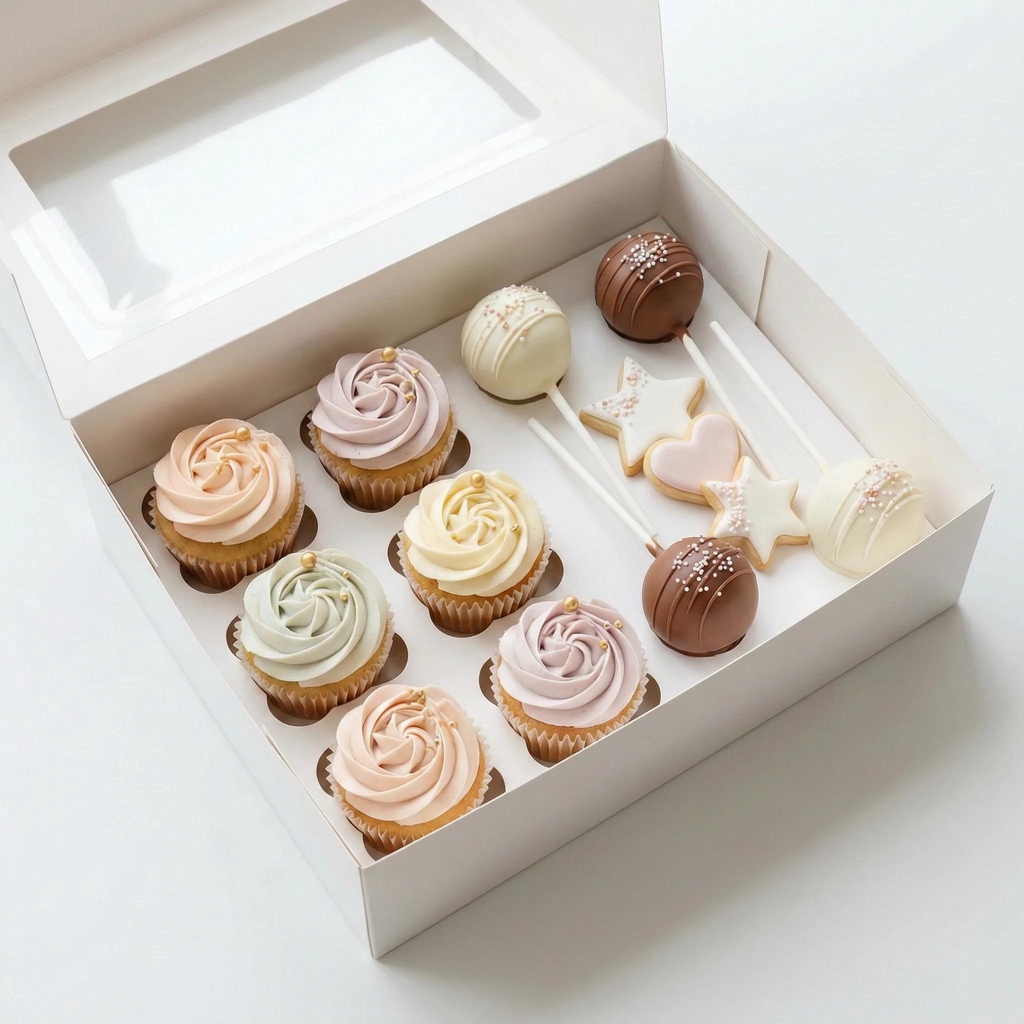 Beautifully arranged custom treats box with cupcakes and cakepops in London.
