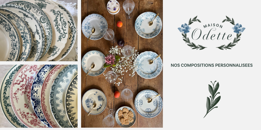Assiettes dépareillées, mix and match, vaisselle ancienne, assiette à dessert, assiettes plates, assiettes creuses, assiettes semi-creuses, composition Maison Odette