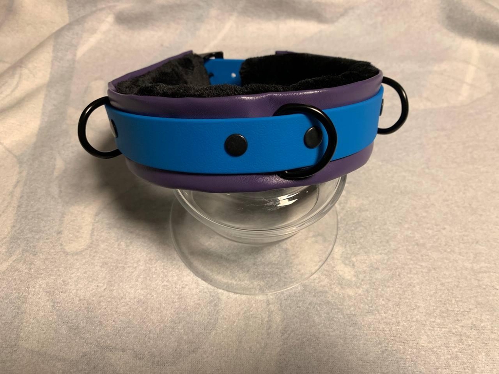 Custom leather biothan collar with black fluffy on the inside.