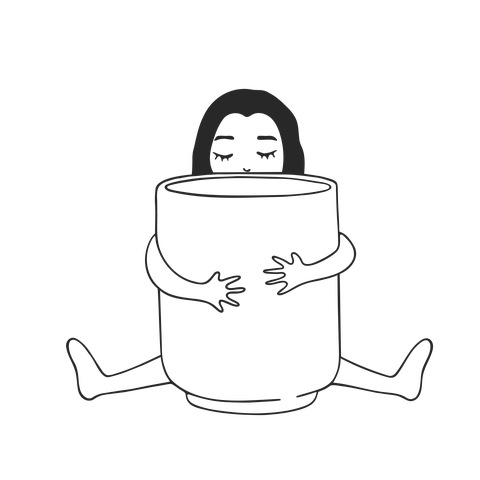 Official brand logo for Rita Esteves Ceramics: A minimalist black-and-white line art illustration of the artist sitting and peacefully hugging an oversized, handmade ceramic vessel, with her eyes closed and face peeking over the rim. 