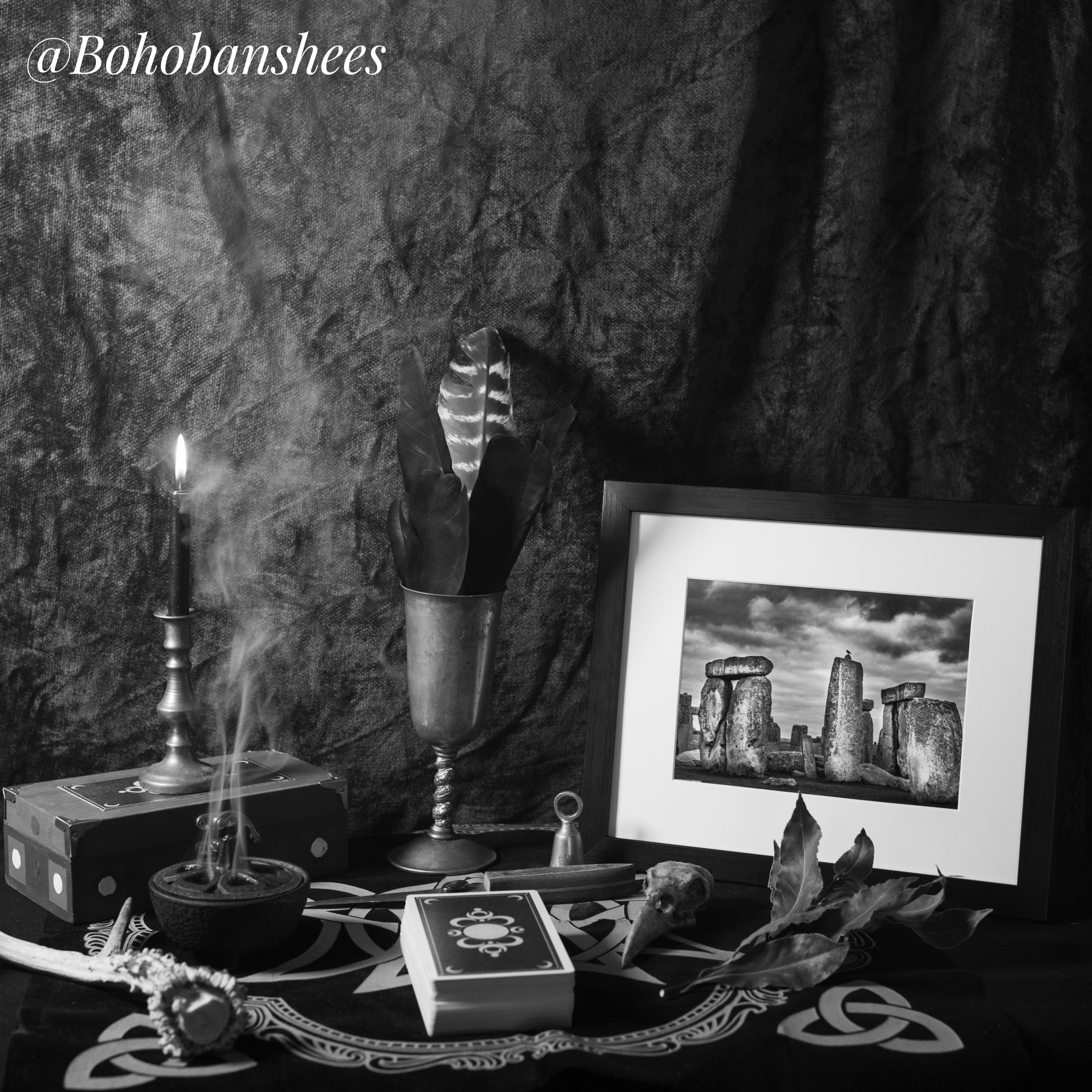 Original fine art photography, black and white stonehenge print, framed pictured on altar
