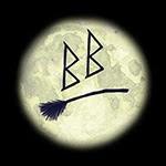 BohoBanshees Logo, Full Moon with Intials BB and a Broomstick.