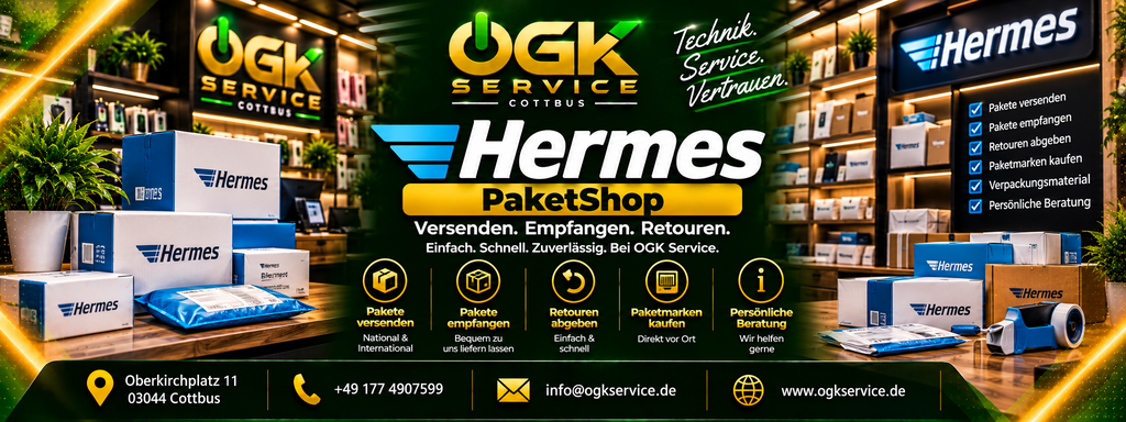 Hermes PaketShop bei OGK Service Cottbus – Pakete versenden, abgeben, abholen und Retouren erledigen am Oberkirchplatz 11, 03044 Cottbus.