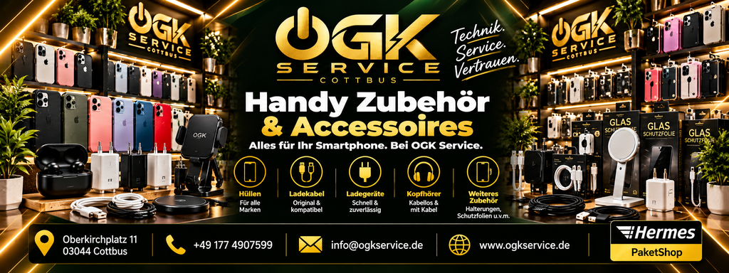 Handyzubehör & Smartphone-Accessoires | OGK Service Cottbus – Handyhüllen, Panzerglas, Ladegeräte, USB-Kabel, Kopfhörer & mehr.