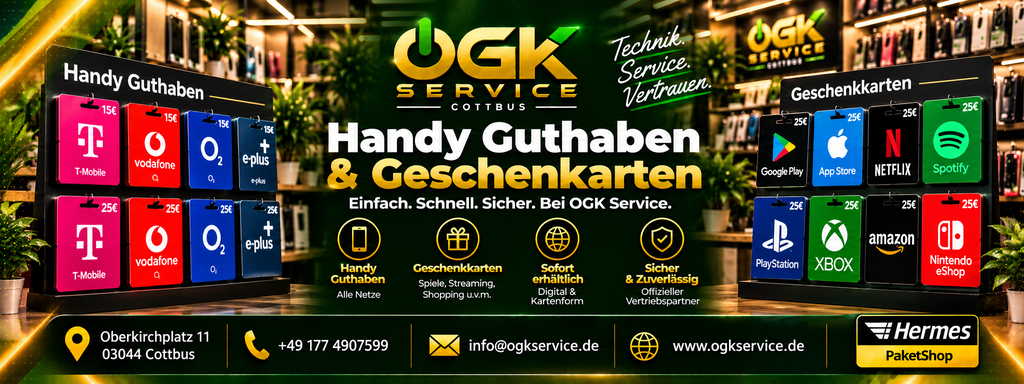 Guthaben- und Geschenkkarten bei OGK Service Cottbus – Google Play, Apple, Amazon, PlayStation, Xbox, Steam, Nintendo, Prepaid-Handyguthaben und internationale Telefonkarten.