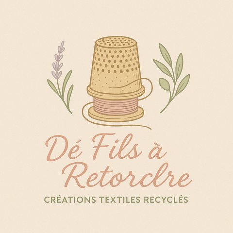 Logo artisanal vintage 'Dé Fils à Retordre' avec une aiguille croisée, un brin de lavande et un dé à coudre, sur fond crème texturé.