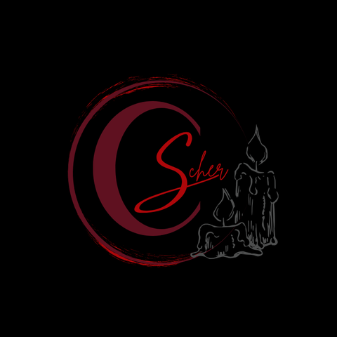 Ein großes rotes C für Christel, darin der Schriftzug Scher. Christel Scher, Dark Fantasy. Daneben die Umrisse von zwei zerlaufenen Kerzen.