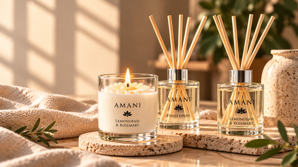 Amani Scents luxury hand-poured vegan soy candles and reed diffusers, beautifully presented in neutral tones with ethically sourced ingredients.