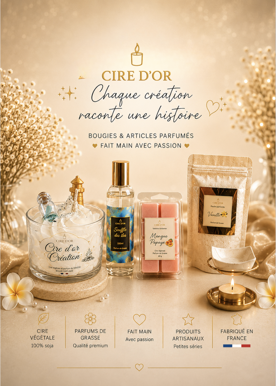 Créations parfumées artisanales Cire d'Or – Bougies, sprays et fondants fabriqués en Charente-Maritime