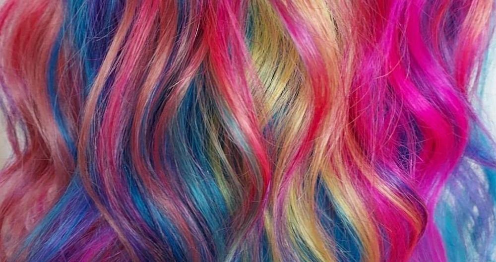 Pink blue purple and yellow wavy hair