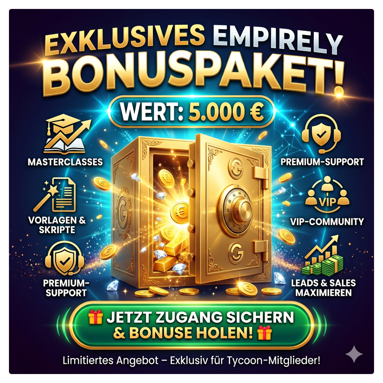 Werbegrafik für das exklusive Empirely Bonuspaket im Wert von 5.000 Euro. Im Zentrum steht ein leuchtender, geöffneter Goldtresor voller Münzen und Diamanten, der den massiven Mehrwert symbolisiert. Umrahmt wird dieser von goldenen Vorteils-Icons für Masterclasses, Verkaufs-Vorlagen, VIP-Community, Premium-Support und Sales-Maximierung. Unten befindet sich ein grüner Call-to-Action Button zur Sicherung des limitierten Angebots für Tycoon-Mitglieder.