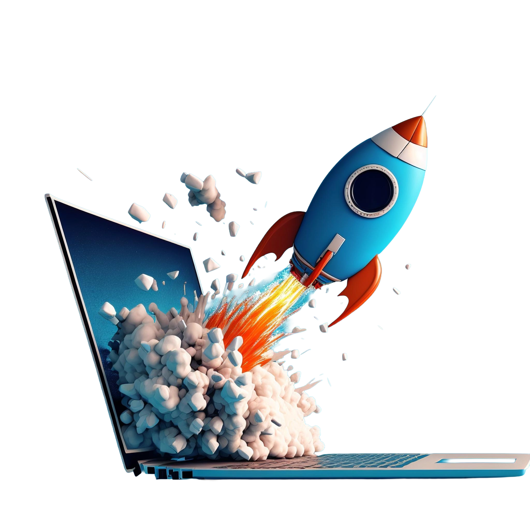 Eine detaillierte 3D-Darstellung einer blau-weiß-orangen Rakete, die mit einem flammenden Antrieb und einer massiven, voluminösen Rauchwolke direkt aus dem Bildschirm eines geöffneten Laptops startet, vor einem schwarzen Hintergrund. Symbol für digitalen Durchbruch und Technologie-Launch.