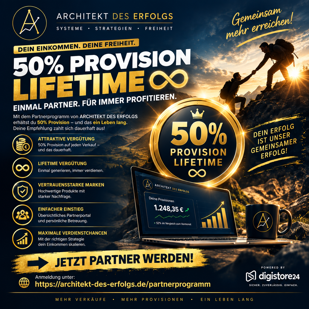 Werbegrafik für das exklusive Architekt des Erfolgs Bonuspaket im Wert von 5.000 Euro. Im Zentrum steht ein leuchtender, geöffneter Goldtresor voller Münzen und Diamanten, der den massiven Mehrwert symbolisiert. Umrahmt wird dieser von goldenen Vorteils-Icons für Masterclasses, Verkaufs-Vorlagen, VIP-Community, Premium-Support und Sales-Maximierung. Unten befindet sich ein grüner Call-to-Action Button zur Sicherung des limitierten Angebots für Tycoon-Mitglieder.