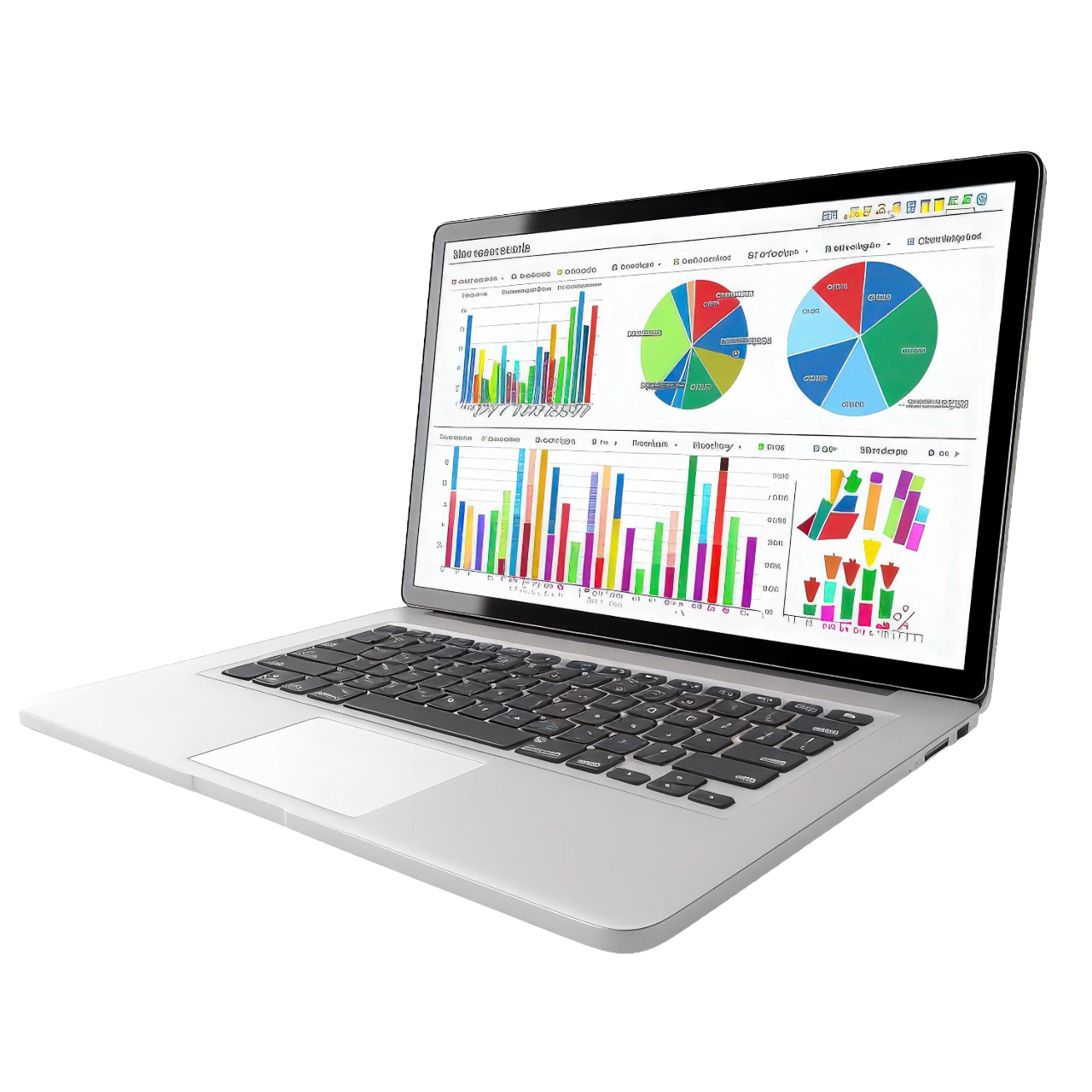 Silberner Laptop, der ein detailliertes Business-Analyse-Dashboard mit farbenfrohen Balkendiagrammen, Kreisdiagrammen und Datendiagrammen zeigt. Ideal für Datenvisualisierung, Business Intelligence (BI) und Performance-Tracking.