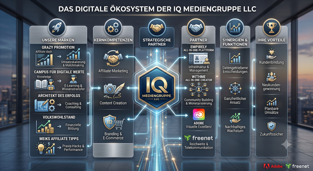 Infografik: Das digitale Ökosystem der IQ Mediengruppe LLC. Die Darstellung zeigt die zentrale Vernetzung der Unternehmensgruppe mit ihren Marken (wie Architekt des Erfolgs), Kernkompetenzen im Affiliate-Marketing, strategischen Partnern (Empirely, withme, Adobe, freenet) sowie den daraus resultierenden Kundenvorteilen wie planbare Umsätze und Zukunftssicherheit.