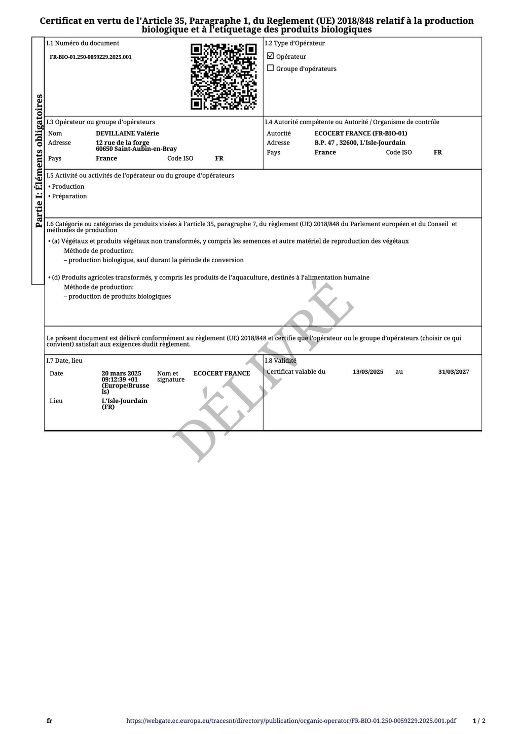 Certificat Agriculture biologique