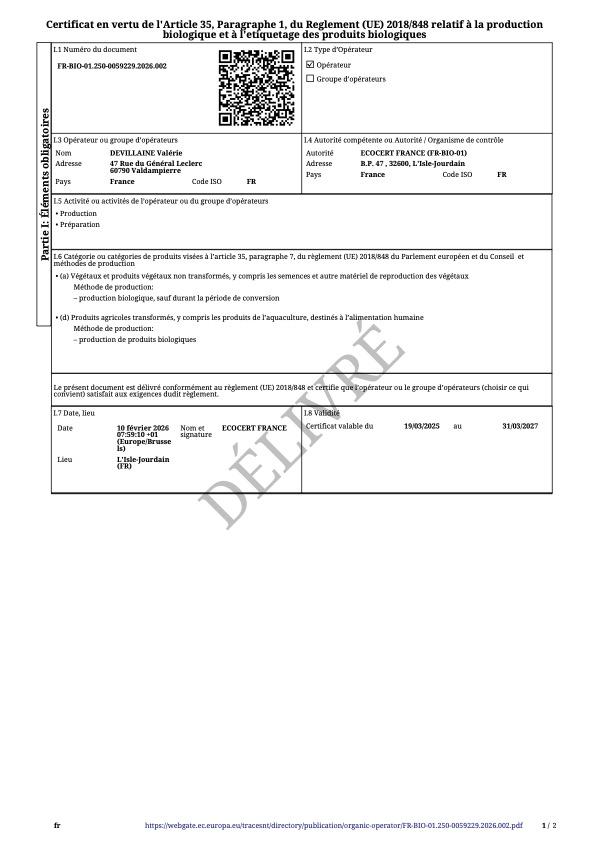 Certificat Agriculture biologique