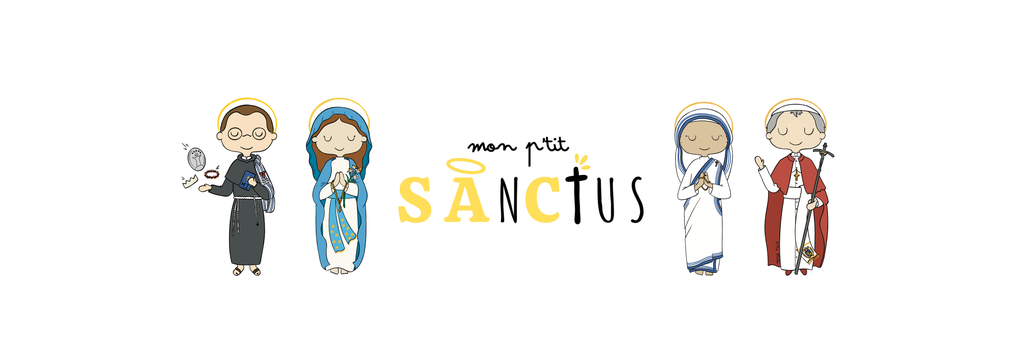 logo au centre avec trois dessins de saints patrons : saint Maximilien Kolbe, Sainte Vierge Marie, sainte mère Teresa de Calcutta et saint Jean-Paul II