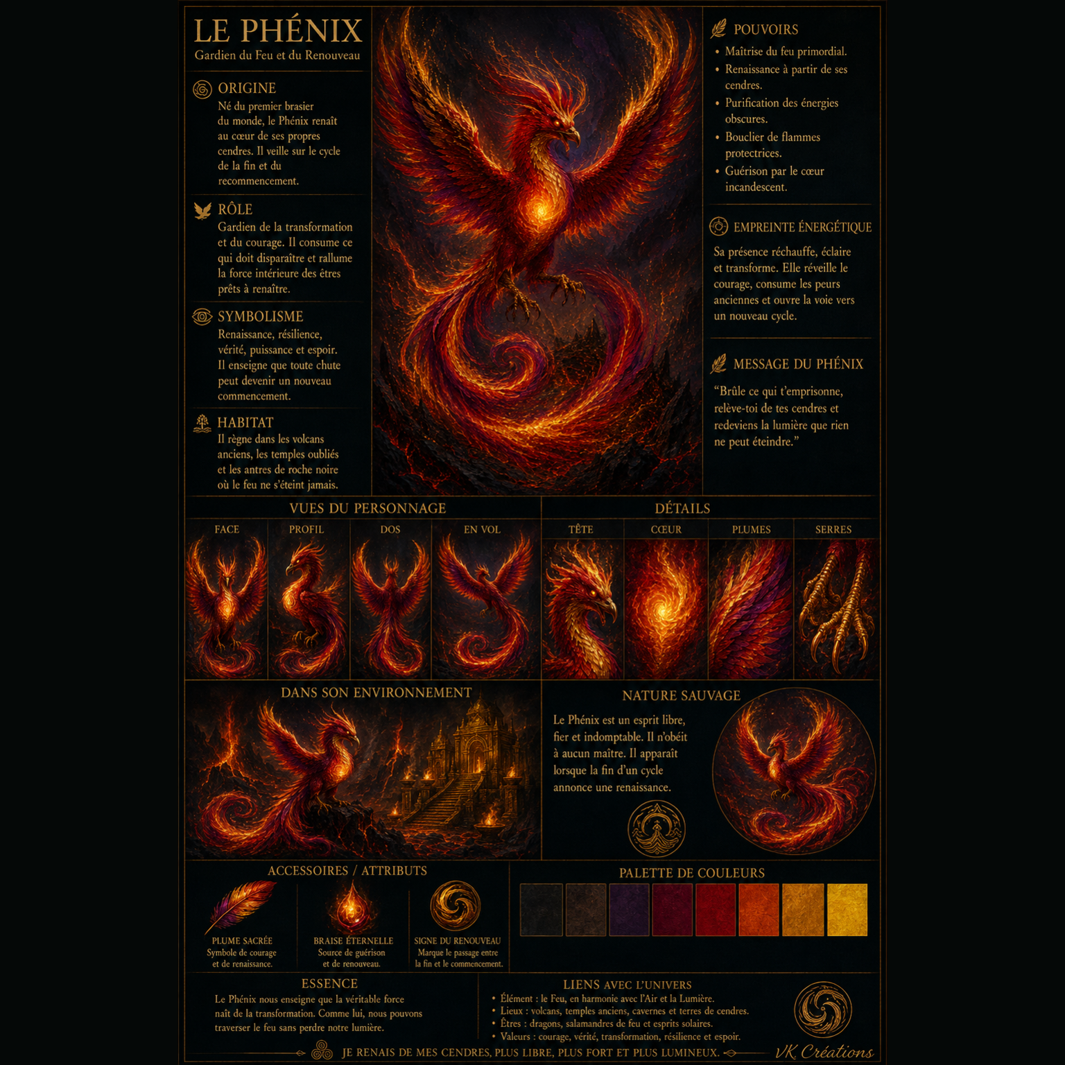 Planche descriptive du Phénix, gardien de la renaissance dans l’univers cinématographique de VK Créations