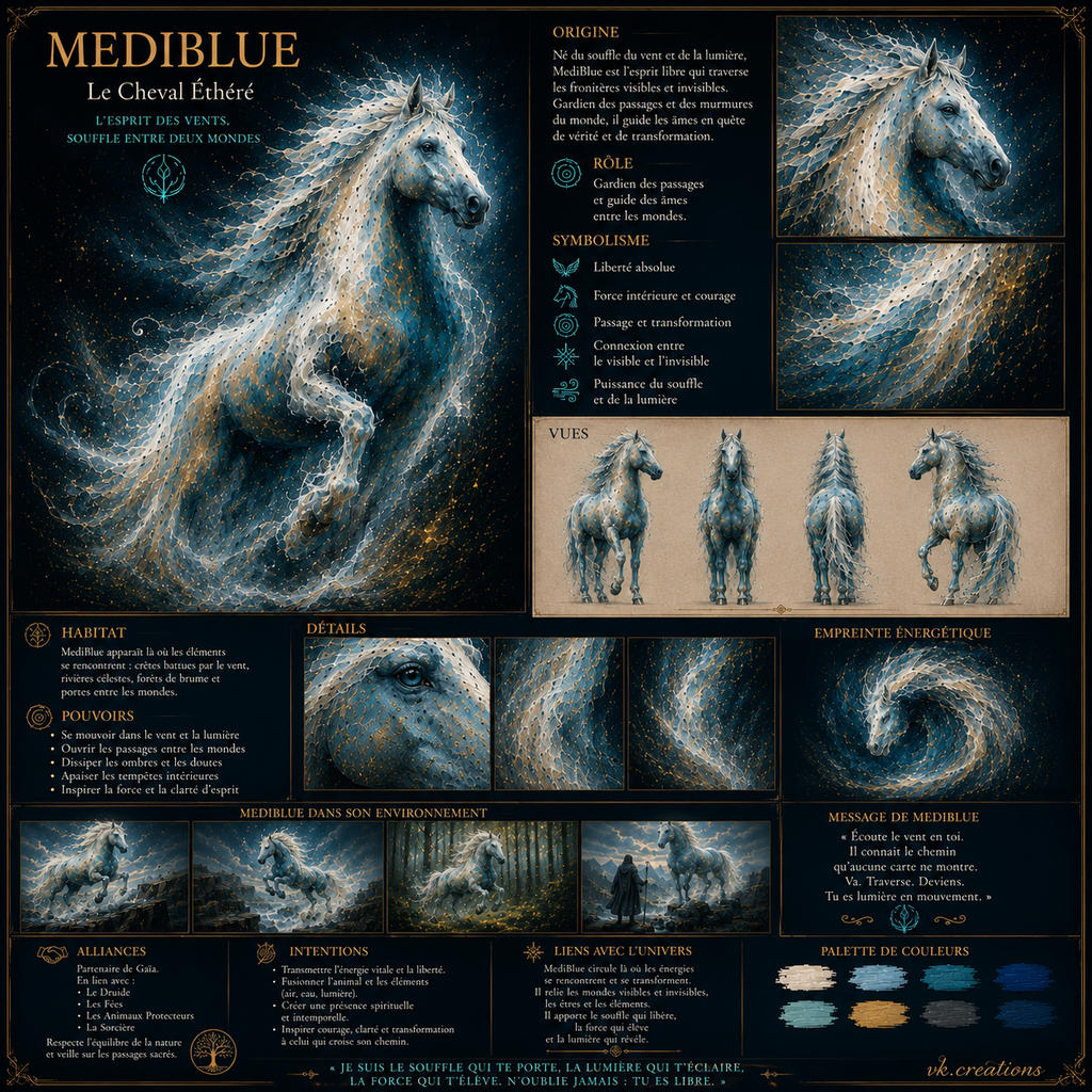 Planche descriptive de Mediblue, cheval éthéré de l'univers cinématographique de VK Créations, présentant son apparence, ses différentes vues, ses pouvoirs, son empreinte énergétique, son environnement et les symboles qui lui sont associés.