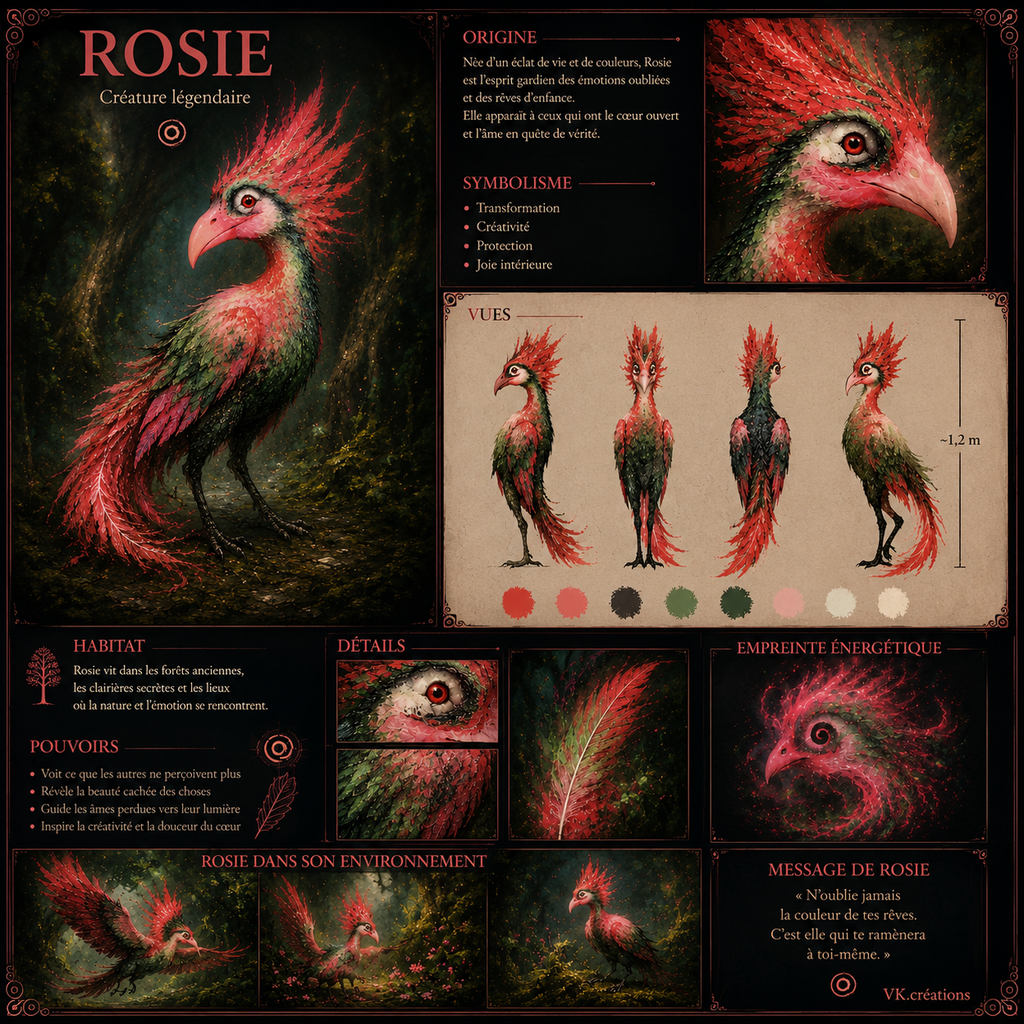 Planche descriptive de Rosie, créature légendaire de l'univers cinématographique de VK Créations, présentant son apparence, ses différentes vues, ses détails, ses pouvoirs, son environnement, son empreinte énergétique et les symboles qui lui sont associés.