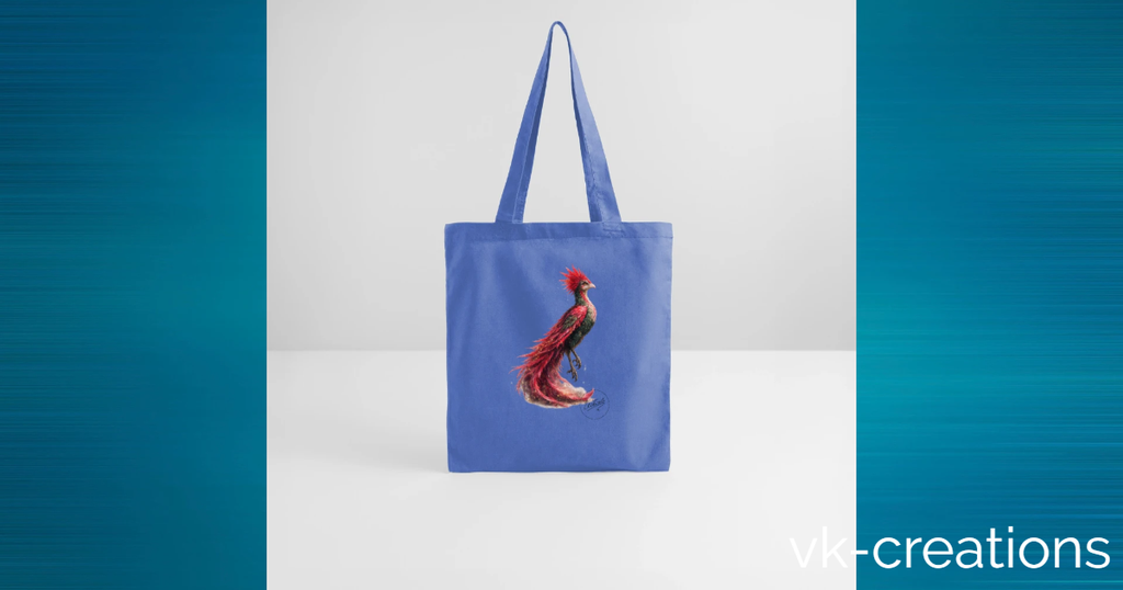Tote bag Rosie de VK Créations illustré avec la créature légendaire de l'univers cinématographique sur un sac en tissu bleu.