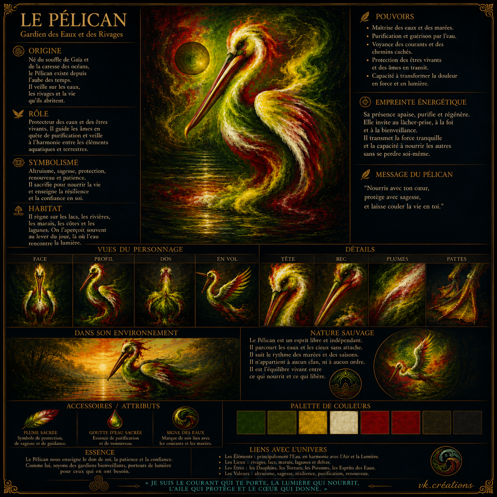 Planche descriptive du Pélican, gardien des eaux et des rivages de l'univers cinématographique de VK Créations, présentant son apparence, ses différentes vues, ses pouvoirs, son environnement, son empreinte énergétique et les symboles qui lui sont associés.