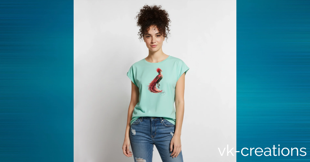T-shirt Rosie de VK Créations illustré avec la créature légendaire de l'univers cinématographique, imprimée sur un vêtement de couleur turquoise.