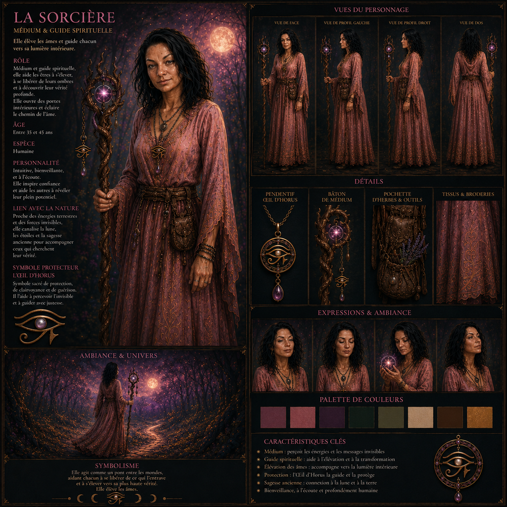 Planche descriptive de la Sorcière, médium et guide spirituelle de l'univers cinématographique de VK Créations, présentant son apparence, son bâton sacré, ses accessoires, ses expressions, sa palette de couleurs et les symboles liés à sa connexion spirituelle.