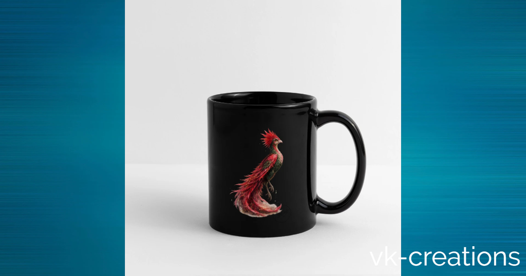 Mug noir Rosie, créature légendaire de l'univers de VK Créations, illustré avec un oiseau fantastique rouge sur une tasse en céramique.