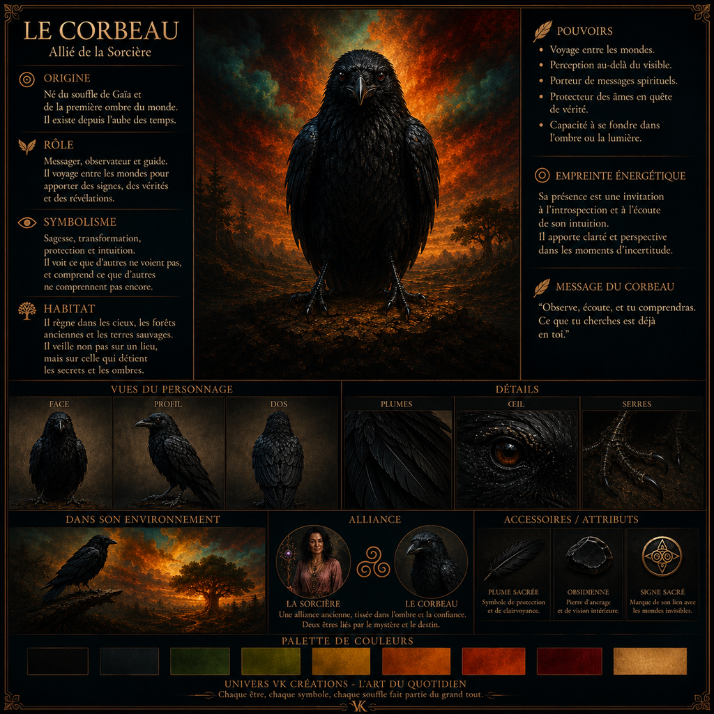 Planche descriptive du Corbeau, allié de la Sorcière dans l'univers cinématographique de VK Créations, présentant son apparence, ses différentes vues, ses attributs, ses pouvoirs, ses expressions, son environnement et les symboles qui lui sont associés.