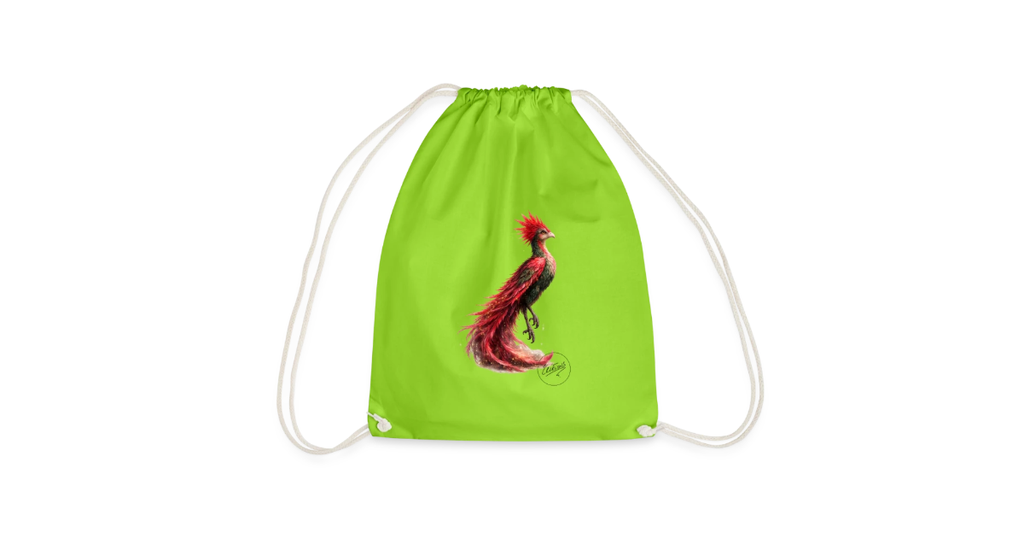 Sac à cordons Rosie de VK Créations illustré avec la créature légendaire de l'univers cinématographique sur un sac vert.