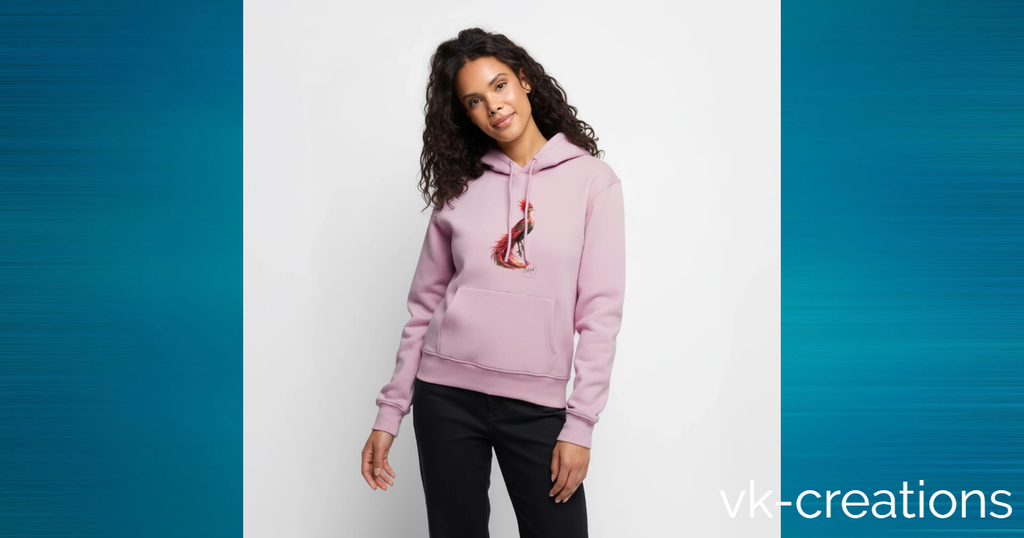 Sweat à capuche Rosie de VK Créations illustré avec la créature légendaire de l'univers cinématographique sur un sweat rose.