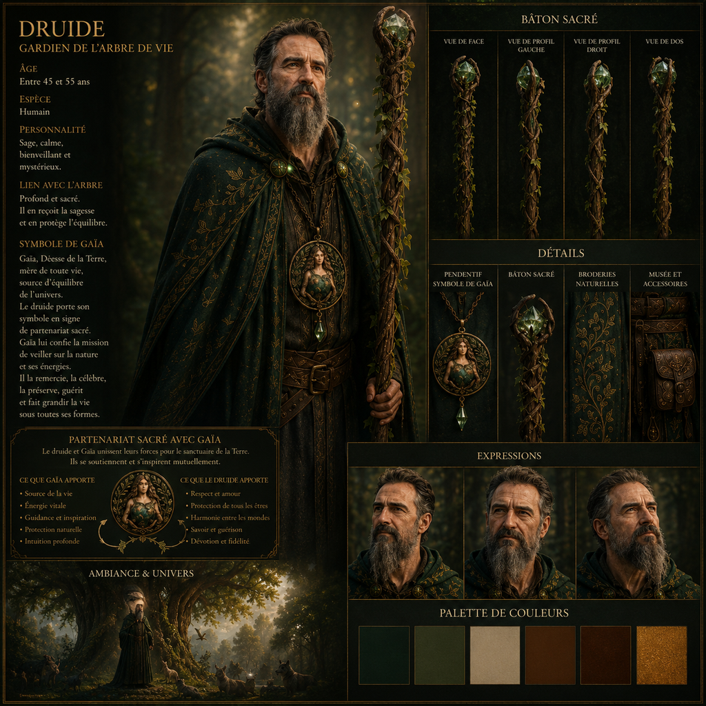 Planche descriptive du Druide, gardien de l'Arbre de Vie dans l'univers cinématographique de VK Créations, présentant son apparence, son bâton sacré, ses accessoires, ses expressions, sa palette de couleurs et les symboles liés à Gaïa.
