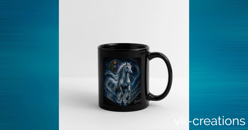 Mug noir Rosie, créature légendaire de l'univers de VK Créations, illustré avec un oiseau fantastique rouge sur une tasse en céramique.
