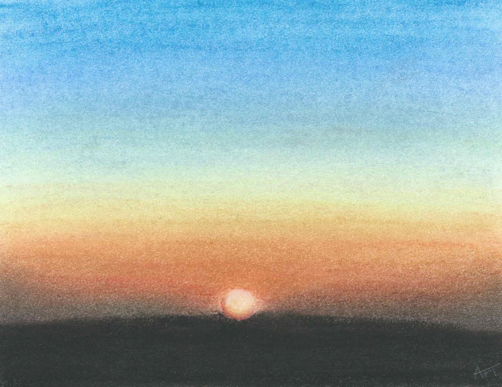 Sunset background, gradient from blue at the top to orange at the bottom, with a glowing sun nestled on the surface of a black line at the base.