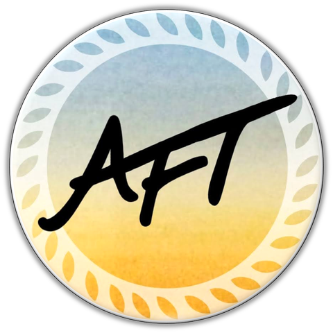 ArtAFT circular logo is a sunset gradient consisting of blue at the top fading down into yellow and orange at the bottom. AFT is written in thick black hand written looking font on top.