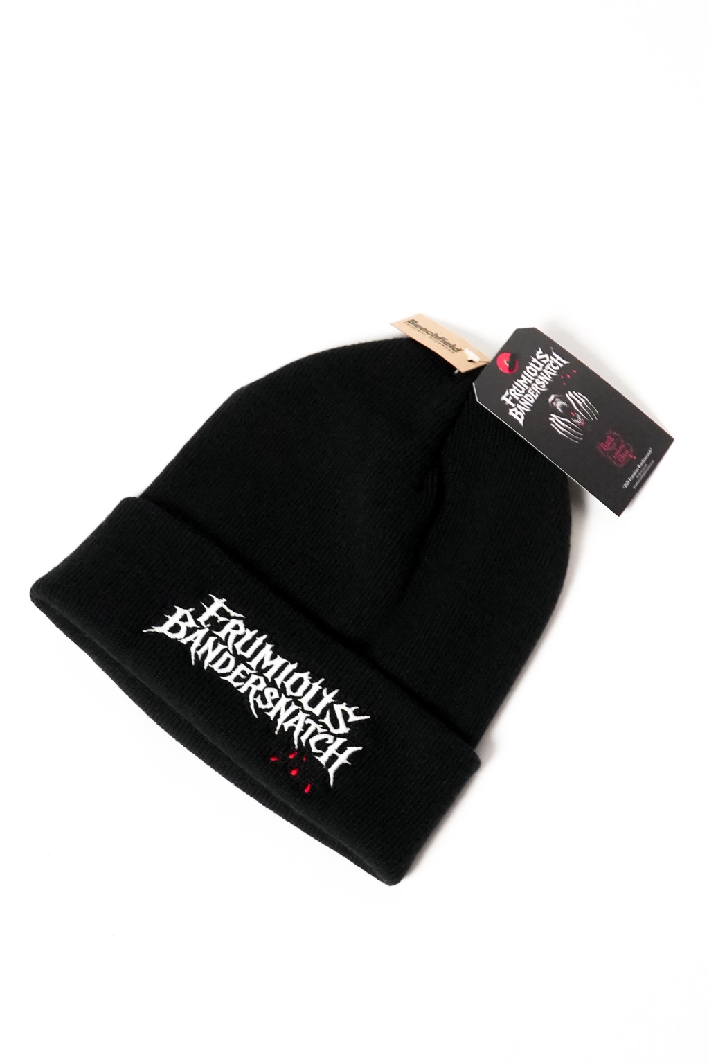 Frumious Bandersnatch® Logo Beanie
Black beanie with jagged white Frumious Bandersnatch logo and subtle crimson details, gothic alternative accessory.
