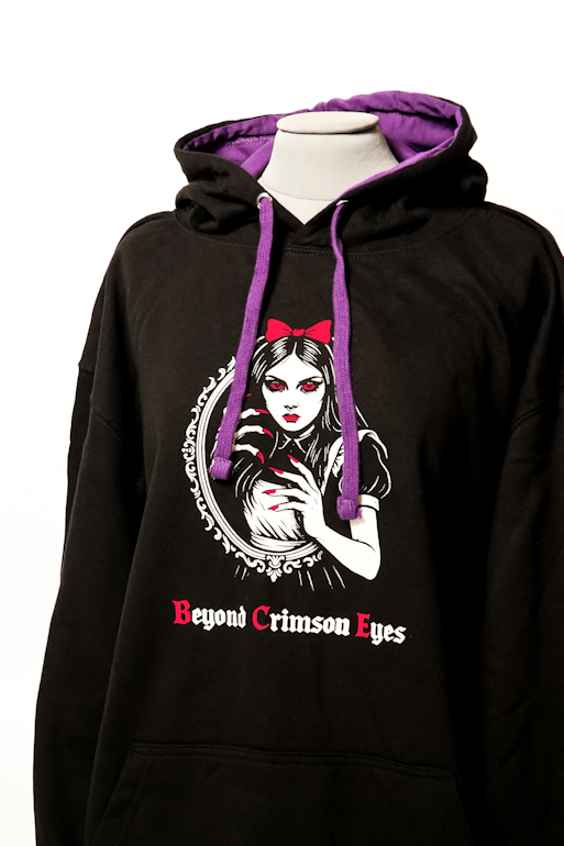 Gothic Wonderland hoodies by Frumious Bandersnatch featuring Dark Alice, Cheshire Cat, Mad Hatter and Bandersnatch designs with red and purple contrast hoods.