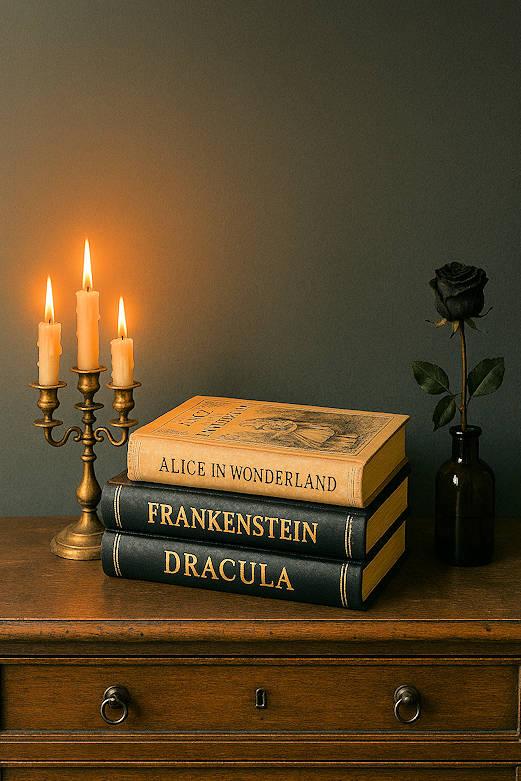 Alice in Wonderland book displayed with candlelight and gothic décor, dark alternative aesthetic.