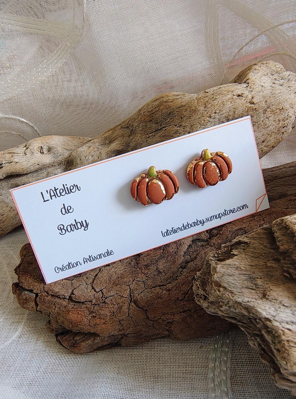 boucles d'oreilles en pâtes fimo halloween, citrouille terracotta et feuille d'or