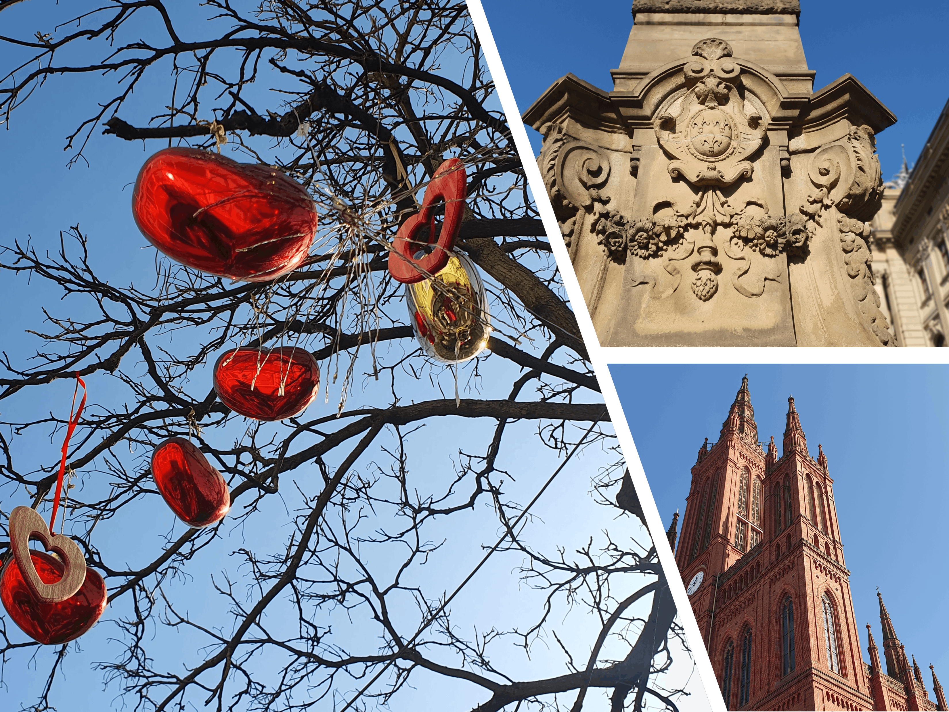 Kollage aus drei Bildern mit glänzenden Herzen in einem Baum hängend links, rechts oben floraler Stuck und rechts unten die Spitzen der Marktkirche vor blauem Himmel