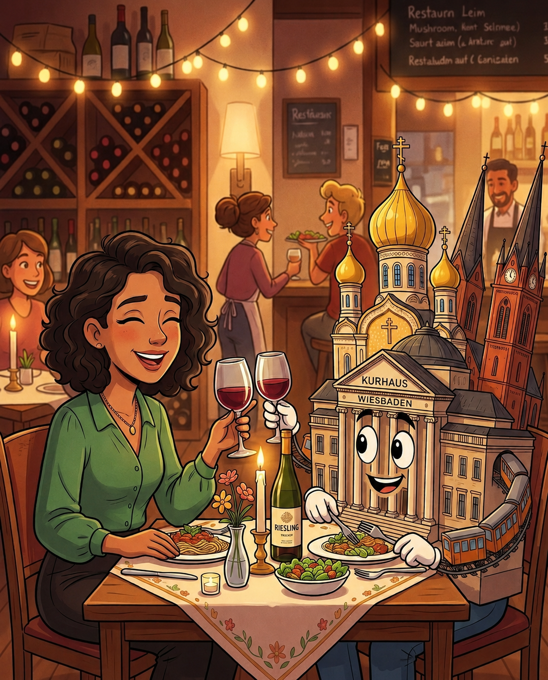 KI-generierte Illustration einer jungen Frau beim Abendessen mit der Stadt Wiesbaden