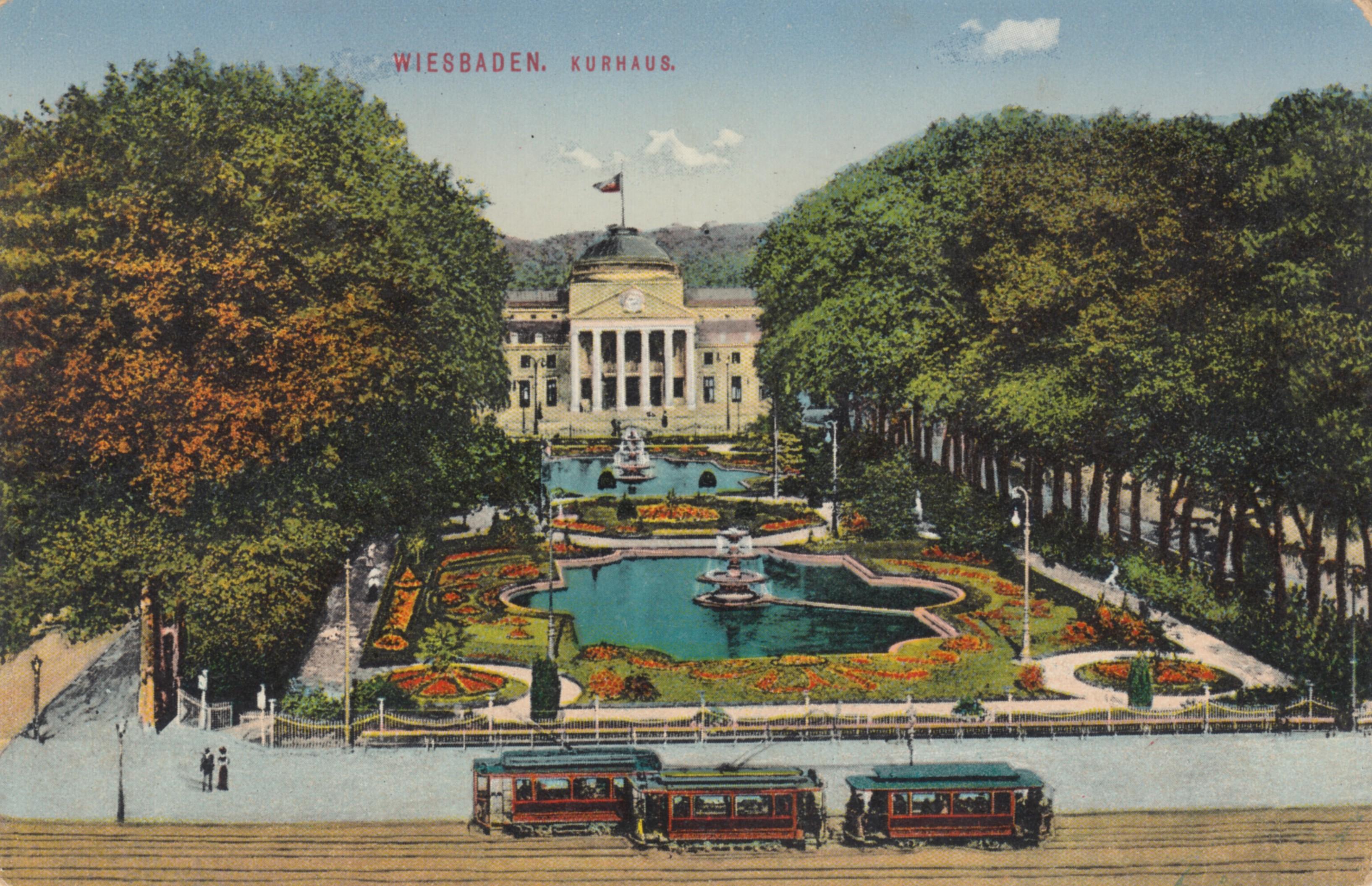 Historische Ansichtskarte des Wiesbadener Neuen Kurhauses mit Bowling Green vom Kaiser-Friedrich-Platz gesehen, ca. 1910