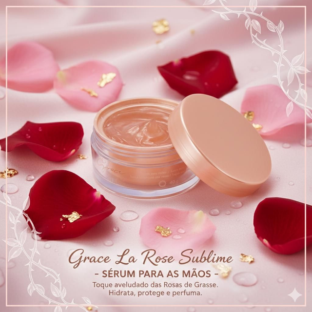 Imagem do Sérum Grace La Rose Sublime da BM Store, representando a categoria de cuidados para as mãos. Produto antienvelhecimento com fragrância de rosas de Grasse, hidratante e perfumado, ideal para proteção e maciez da pele.
