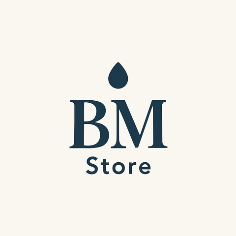 Logotipo da BM Store com ícone em forma de gota e tipografia elegante em azul marinho sobre fundo claro