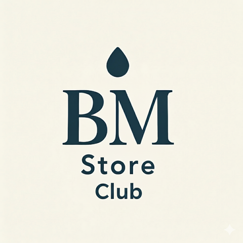 Logotipo da BM Store com ícone em forma de gota e tipografia elegante em azul marinho sobre fundo claro