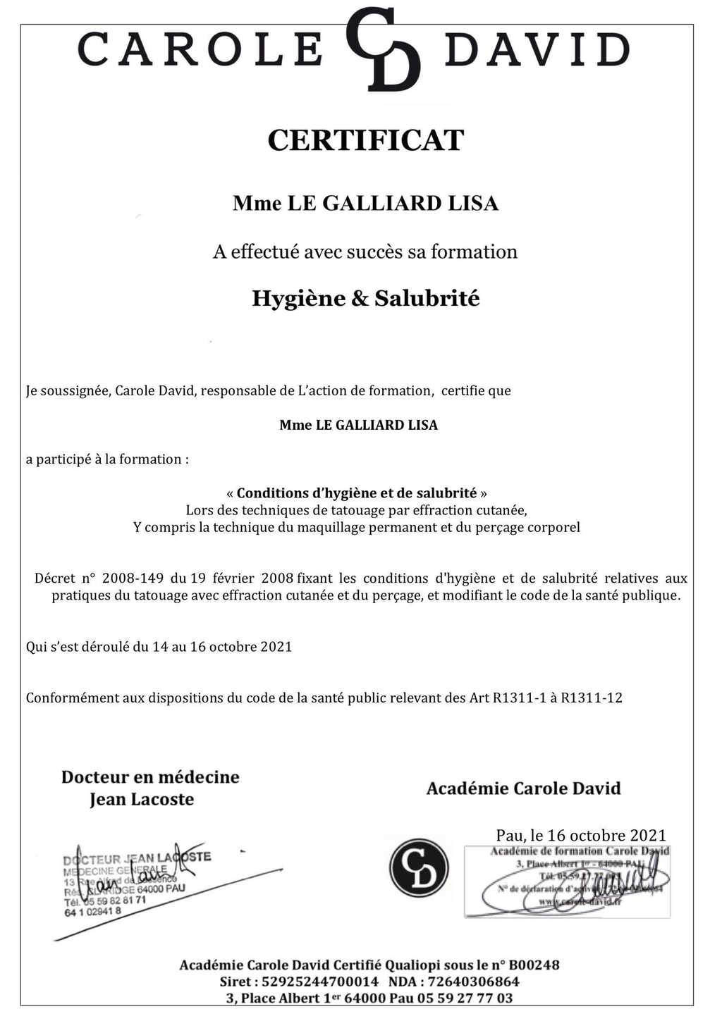 certificat de tatoueur hygiène et salubrité diplôme qualifications