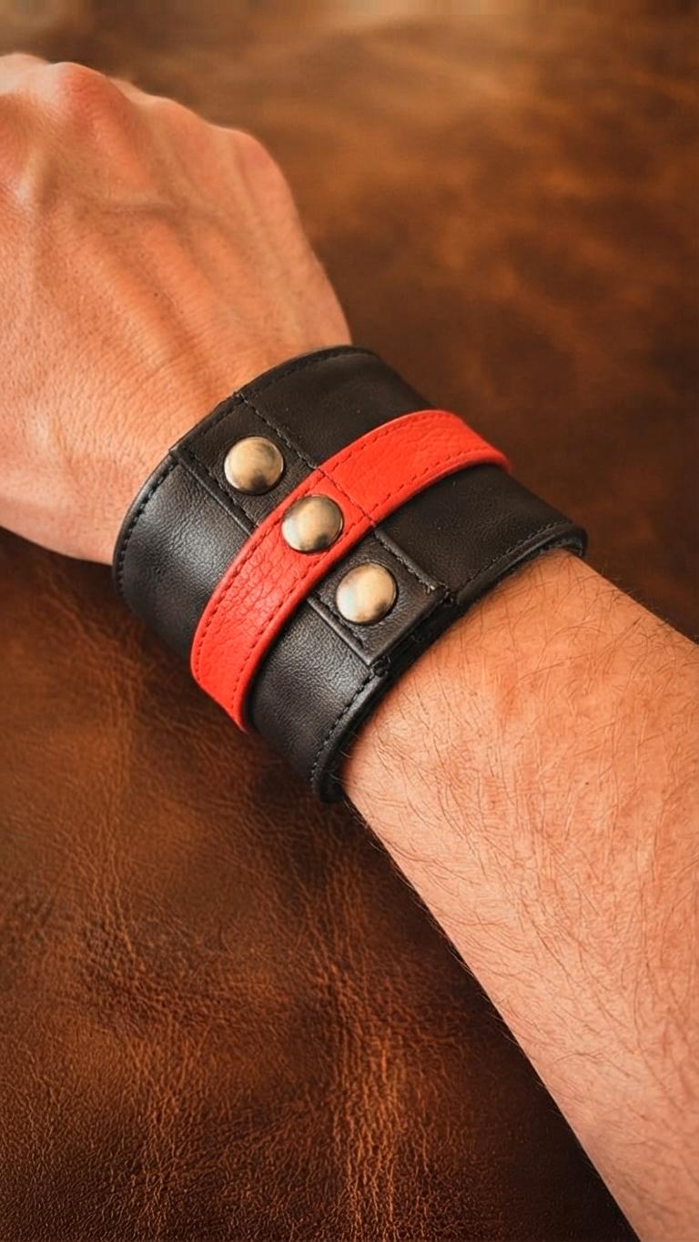 Stilvolle Leder-Handgelenktasche in Schwarz und Rot. Ein robuster Hingucker mit Druckknöpfen, der Funktionalität und markanten Fetisch-Look perfekt verbindet. Ideal für Alltag und Events!
