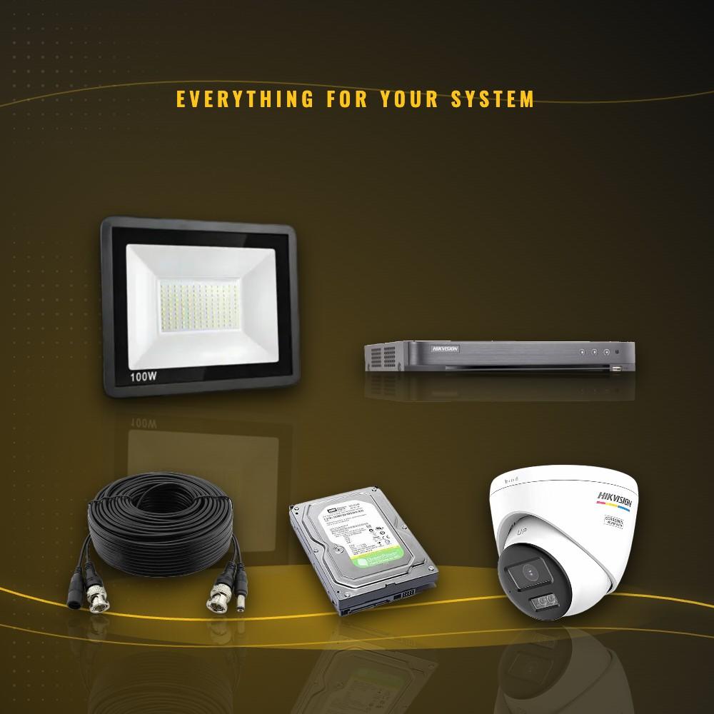 Floodlight, recorder, cables, hard drive and CCTV camera